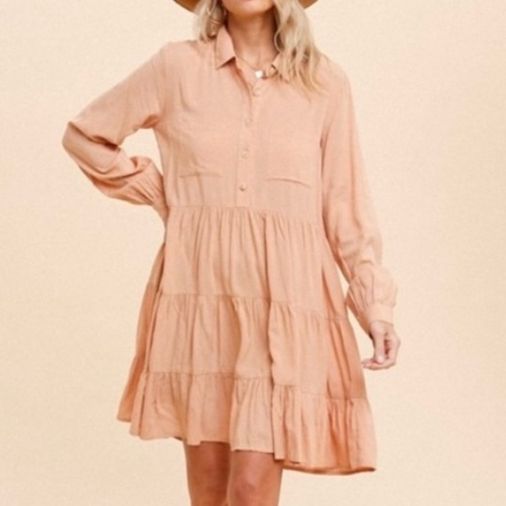 🟤NWT HEM & THREAD Tiered Shirt Dress in Soft Peach SMALL